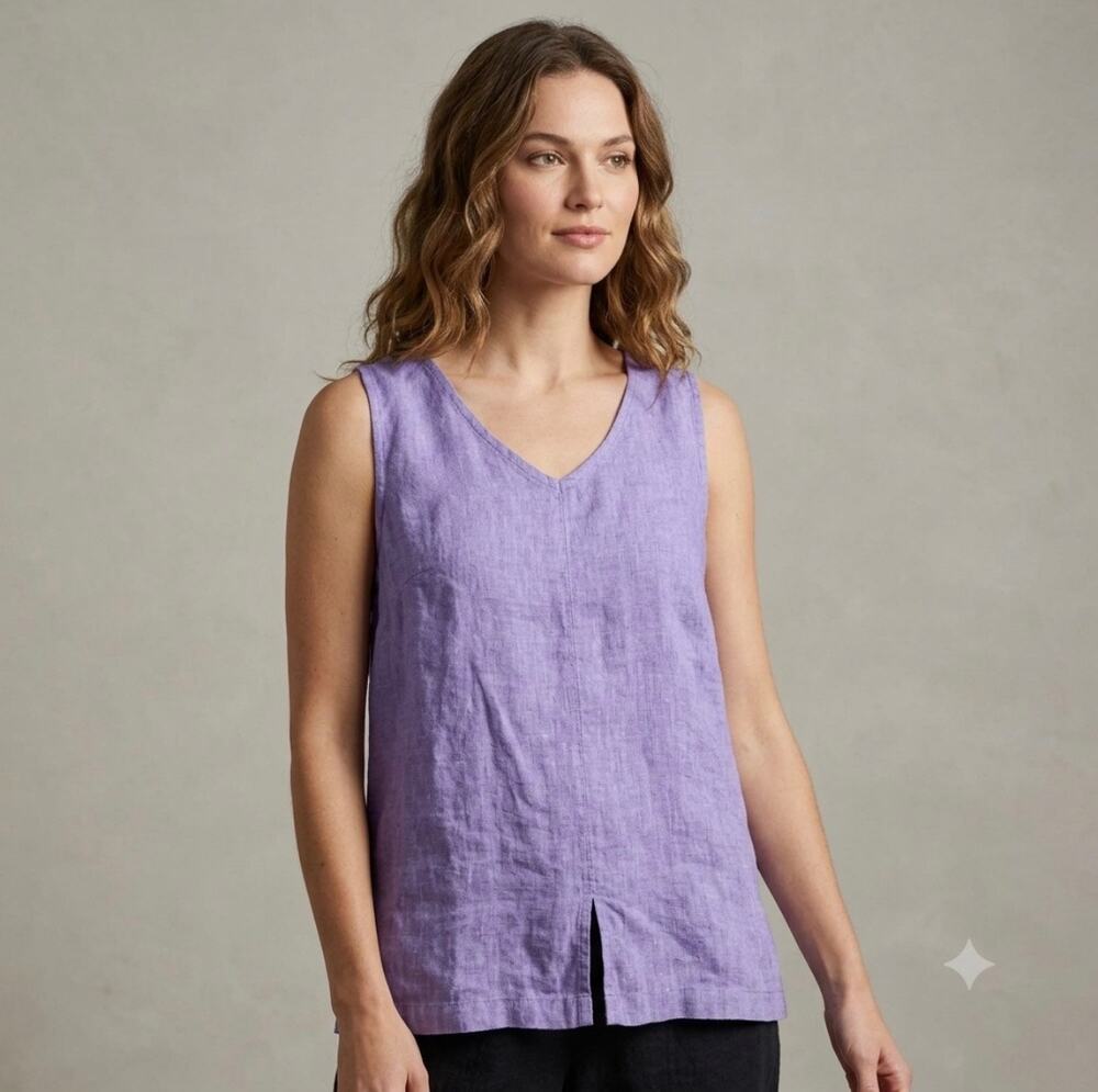 NWT FLAX Designs Linen Open Tank Womens M Purple $123 Minimalist Preppy Classic